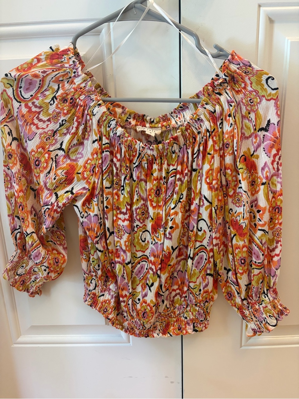 Nicole Miller New York -Smocked Off-Shoulder Floral Blouse in Pink & Orange